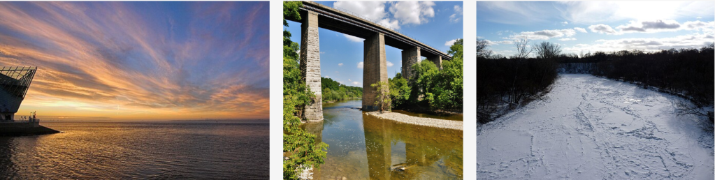 Three images of the Humber River, one at sunset, one with a bridge over the water and one in the winter.