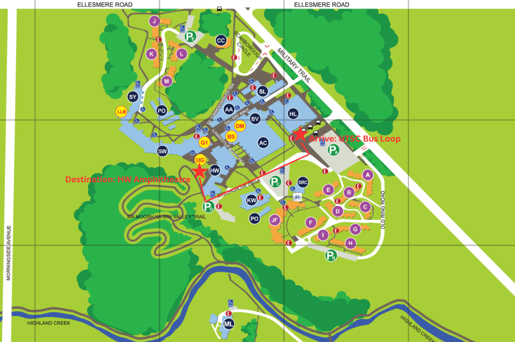 The map of UTSC shows the path from the bus loop to HW Amphitheatre by going down Beechgrove Drive to the end of Parking Lot D and then turning right and walking to the entrance of the Ma Moosh Ka Win Trail.